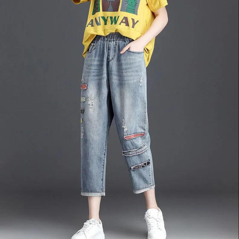 Ripped Jeans Korean Version of Harlan Elastic Waist Women's Loose Nine-point Pants Casual All-match High-waist Trend Hip-hop