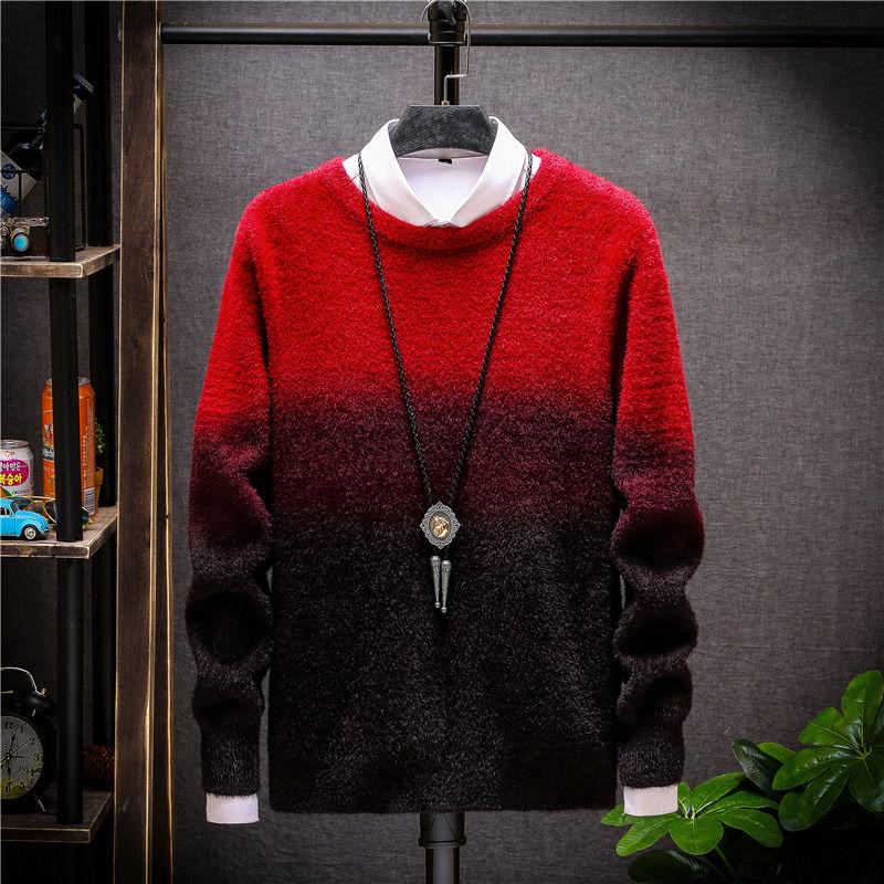 Men's Imitation Mink Velvet Turtleneck Sweater Korean Version of Slim Plus Velvet Thick Sweater Gradient Color Fuzzy Sweater