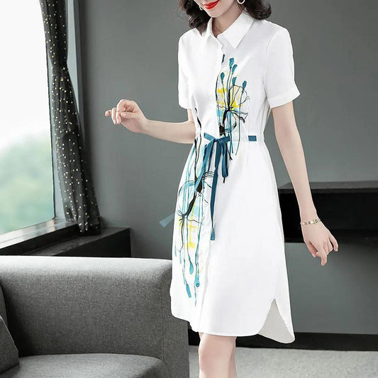 Elegant Temperament Shirt Dress Comfortable Women's Loose Dress with Printed Lapel