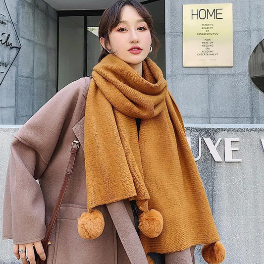 Winter Women's Warm Bib Pure Color Woolen Ball Knitted Scarf Lengthened Thick Woolen Scarf