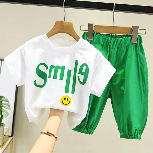 Boys and Girls Summer Clothes Cute and Handsome Short-sleeved Cropped Pants Baby Korean Summer Two-piece Suit