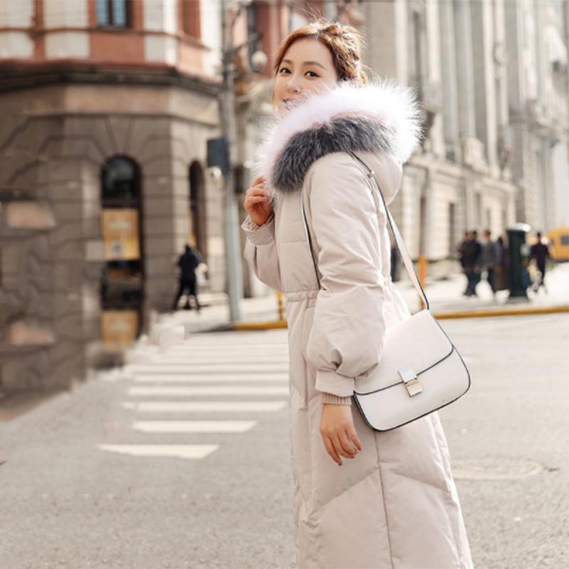 Women's Solid Color White Duck Down Jacket Mid-length Korean Style Loose Thick Coat Warm Cotton Coat with Big Fur Collar Winter Quilted Jacket