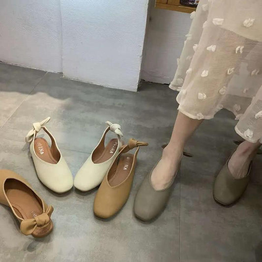 Flat Single Shoes Women Bow Spring Korean Square Toe Shoes All-match Flat-heeled Soft-soled Peas Shoes