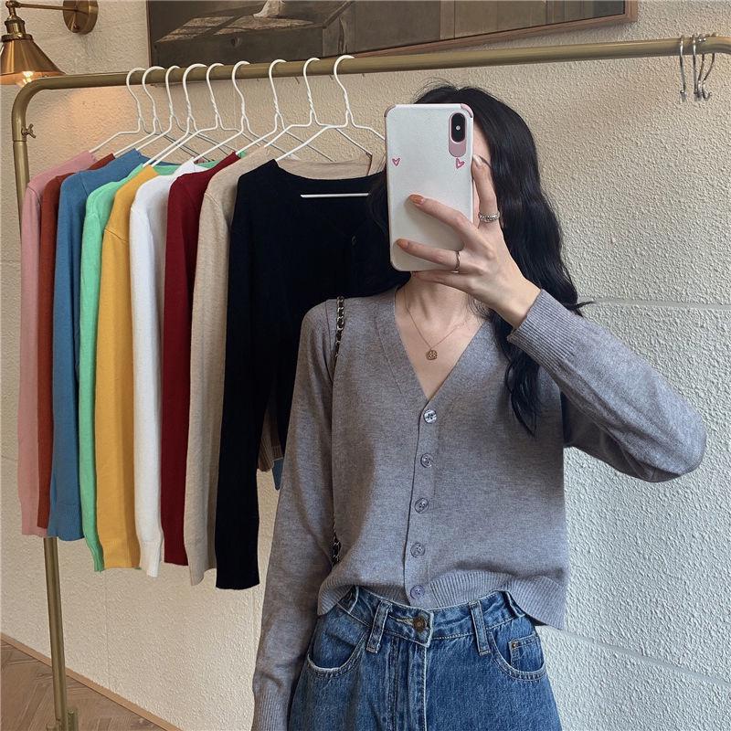 Spring and Autumn Style V-neck Cardigan Jacket Long Sleeve Thin Slim Sweater Short Sleeve Sweater Women Trendy