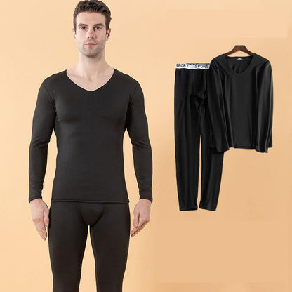 Men Winter Thermal Underwear V-neck Tops Pants Male Autumn Clothes Tight Suit Thicken Windproof Comfortable Soft Lining Long Sleeve High Elasticity