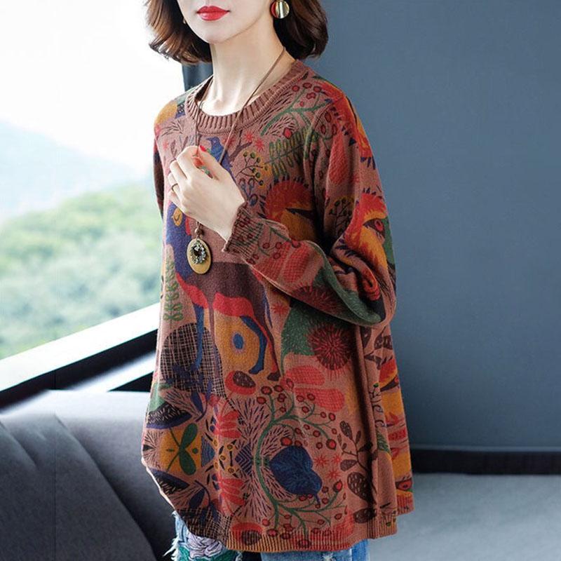 Bohemian Printed Sweater Female Soft Pullover Sweater Loose O-neck Jumper Knit Outwear