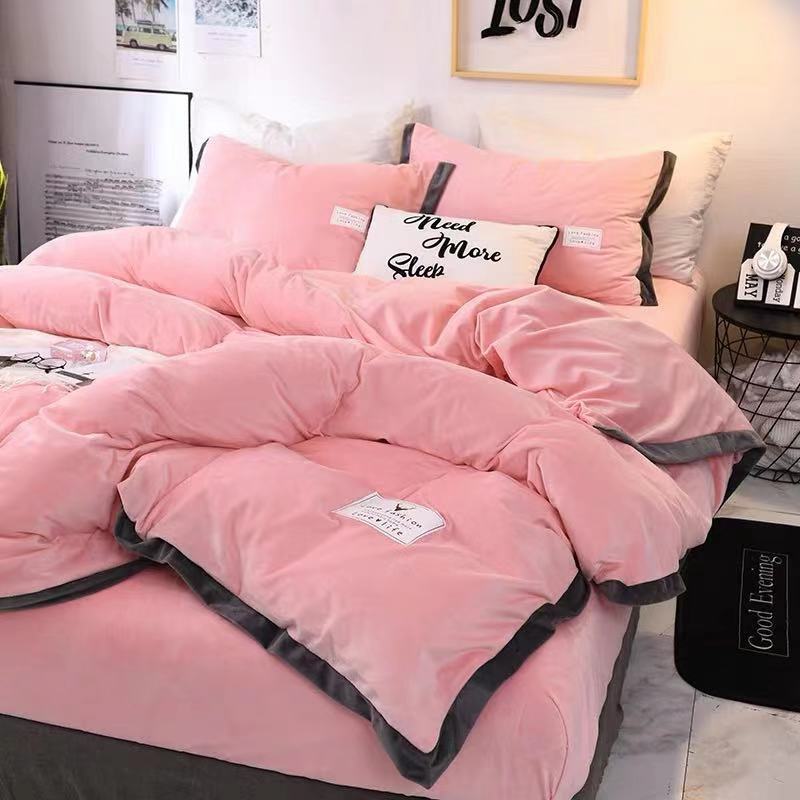 Winter Warm Double-sided Flannel Bedding Thick Coral Fleece Crystal Quilt Cover Sheet Pillowcase Four-piece Set