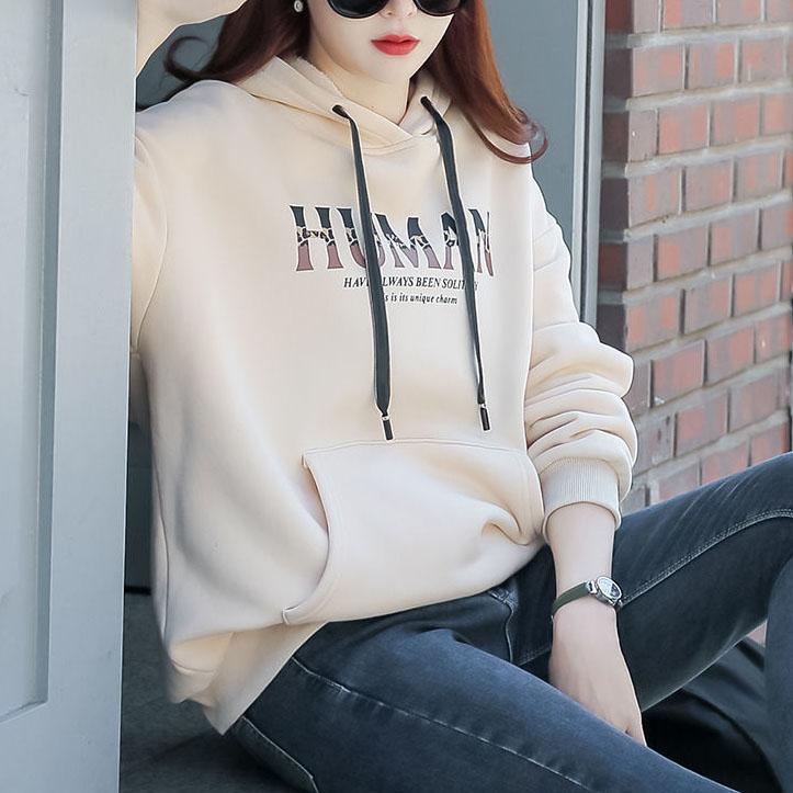 Women's Hooded Plush Tops Autumn and Winter Versatile Coat Solid Color Casual Loose Letter Printed Hoodies