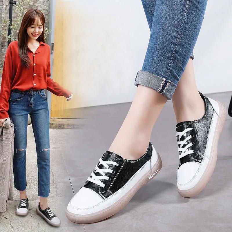 Women's Soft-soled Casual Shoes Autumn White Shoes Sports Shoes Real Cowhide Shoes Flat Shoes Student Shoes Mother Shoes