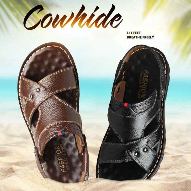 Summer Men's First Layer Soft Cowhide Sandals, Leather Beach Shoes, Casual Men's Shoes, Thick-soled Massage Slippers