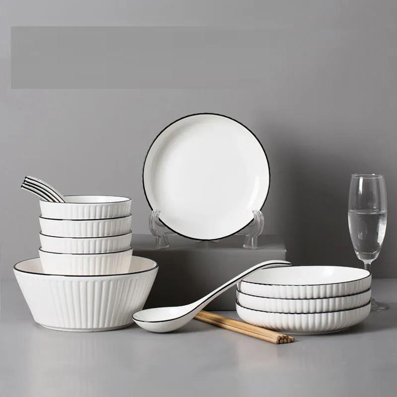 Black Line Vertical Pattern 18-piece Dish Set Household Ceramic Bowls and Dishes Large Noodle Bowl Soup Bowl Deep Dish Soup Plate Dish Tableware