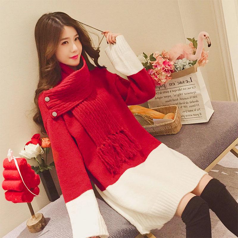 Large Size Cover Belly Women's Autumn and Winter Thickened Dress Age Reduction Color Matching Sweater