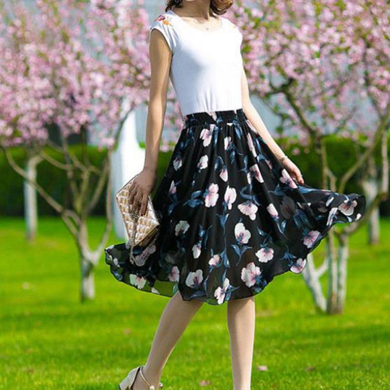 Floral Chiffon Skirt Female Summer Mid-length High-waist Print Big Swing Fairy Skirt Ladies Small Short Skirt Thin