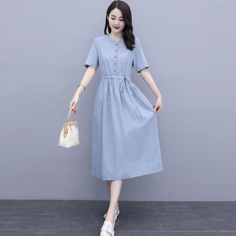 Women's Large-size Cotton and Linen Dresses Thin Loose Linen Wild Drawstring Waist and Belly Thin Skirt Women's Loose Dress