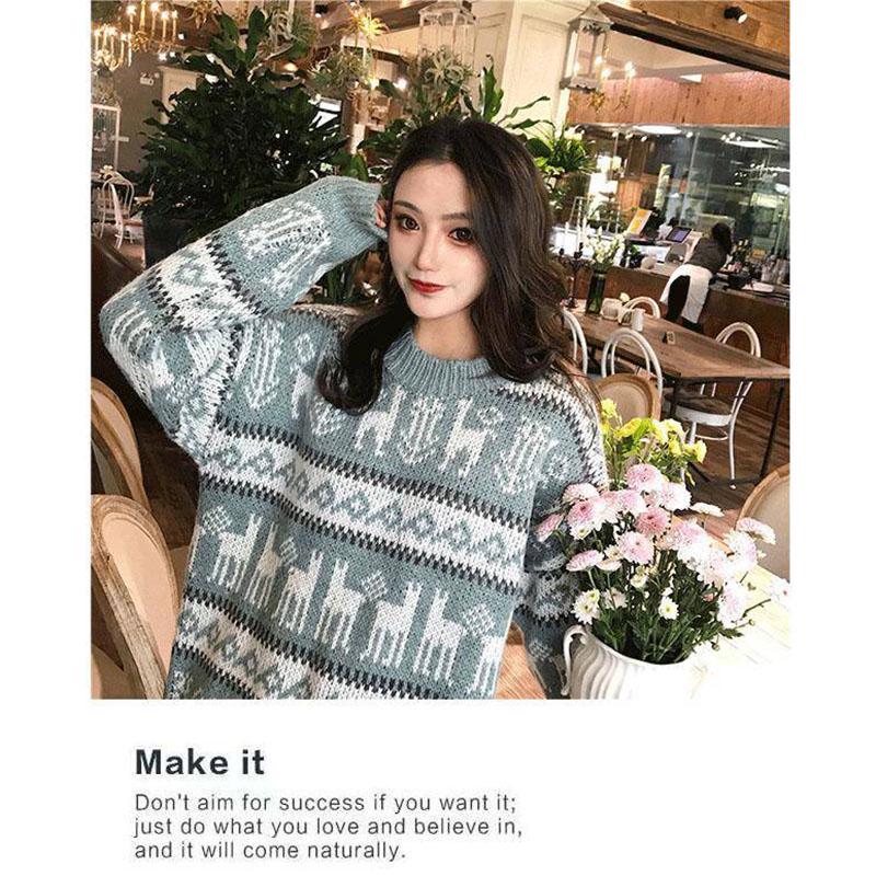 Vintage women christmas sweaters loose mid-length pullover thickened O-neck Fawn printing sweater