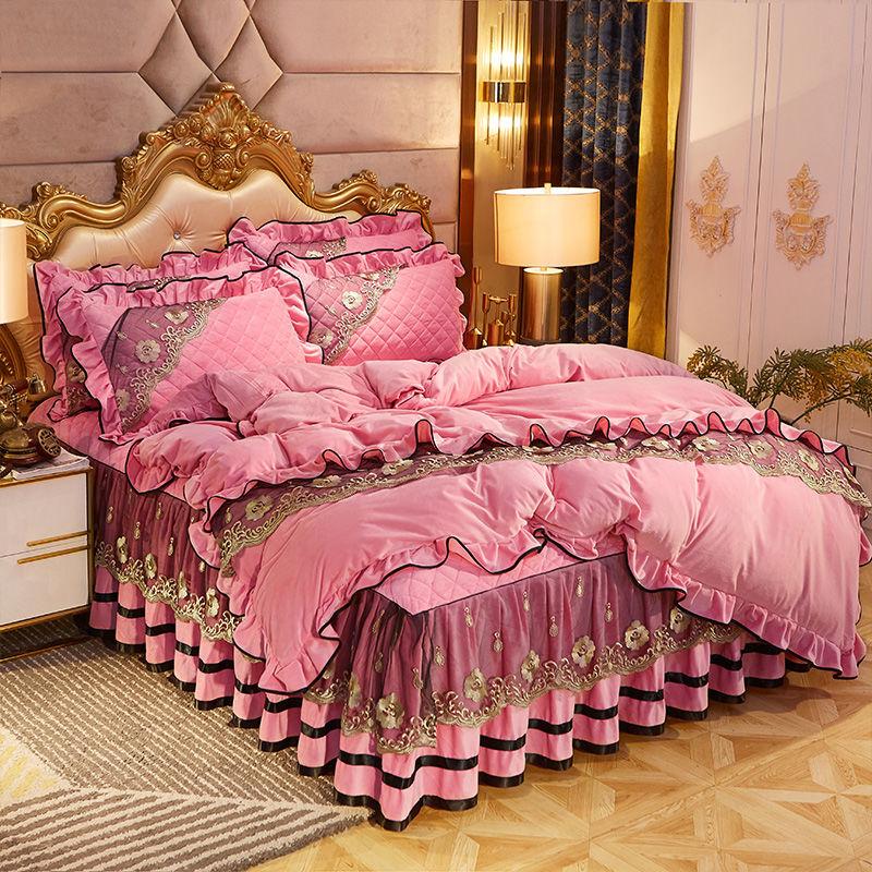 4pcs/set Crystal Velvet Warm Bed Skirt Plus Velvet Thick Bedding Korean High-end Bed Linen