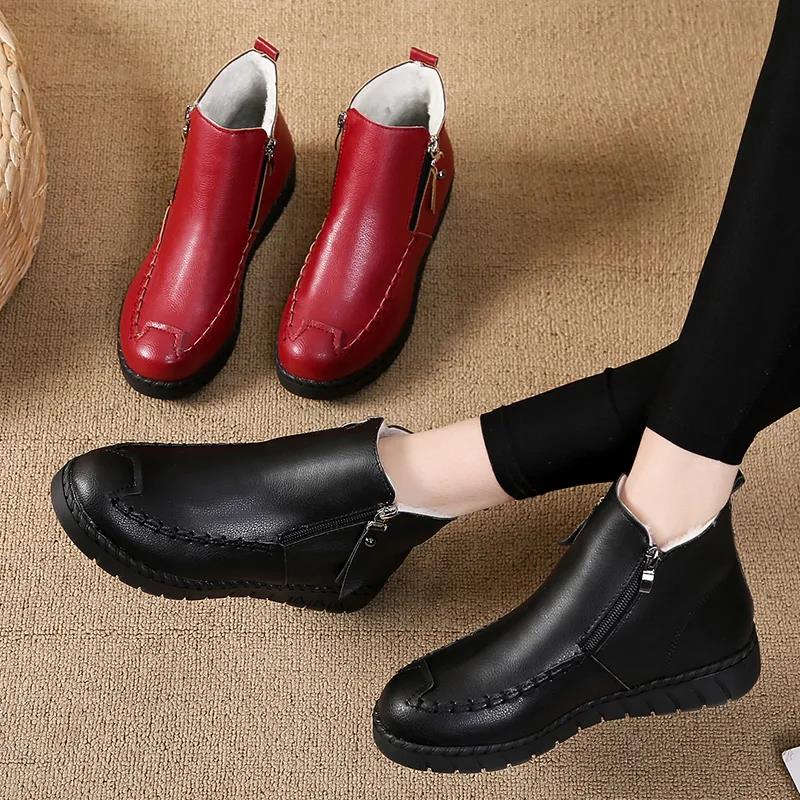 Winter Mom's Cotton Shoes Middle-aged Plus Velvet Warm Women's Boots Flat Non-slip Short Boots Large Size Leather Shoes