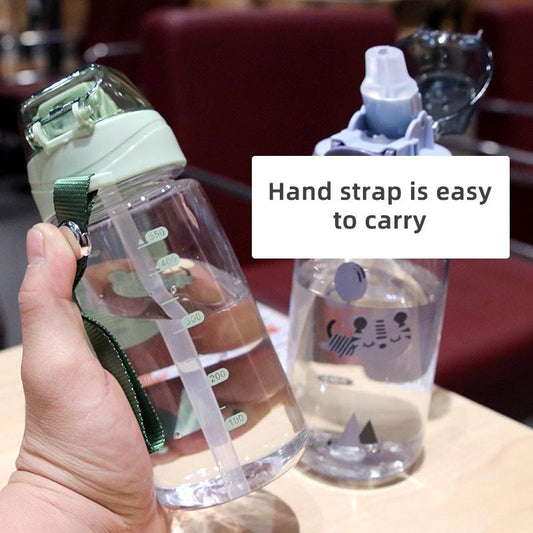 Cartoon Straw Cup with Rope Cute Sports Plastic Cup Student Adult Portable Scale Water Bottle