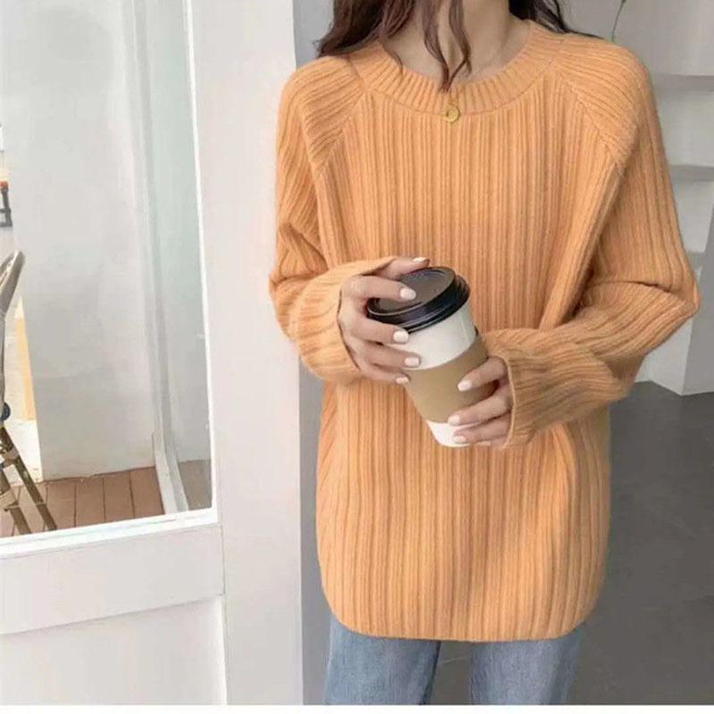 Autumn and Winter Loose Jacket Mid-length Casual Solid Color Sweater Round Neck Pullover Young Women's Top