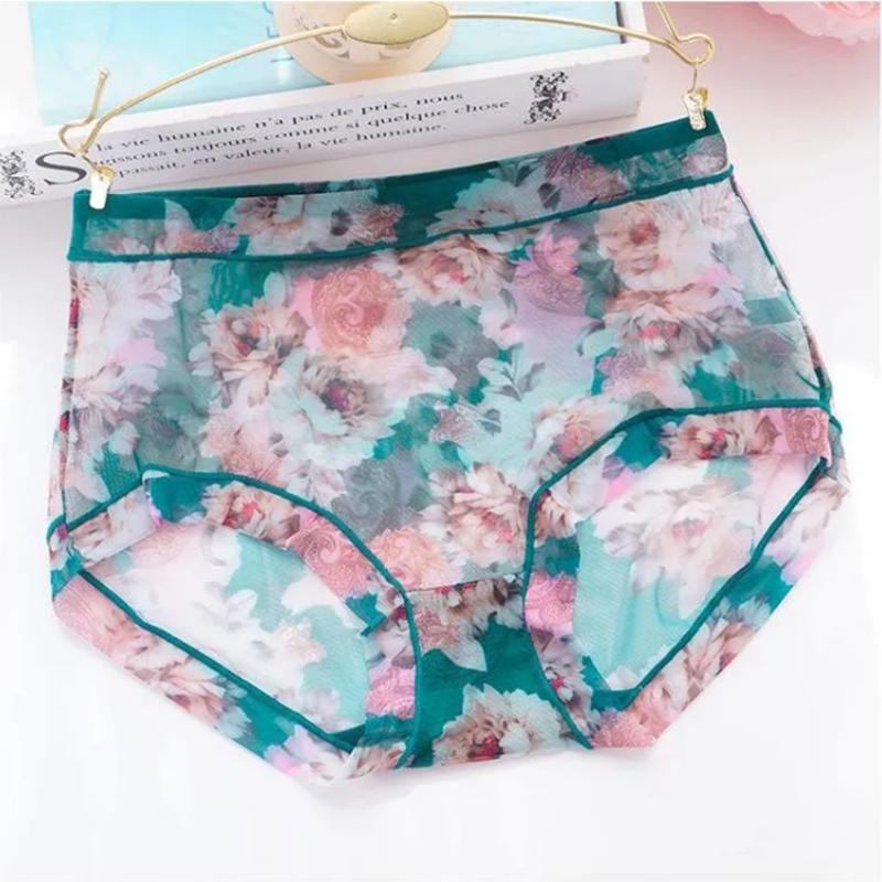 4 Pieces Women's Sexy Ultra-thin Panties Female Transparent Printing Mid-waist Large Size Underwear Mesh Breathable Briefs Shorts Spring and Summer