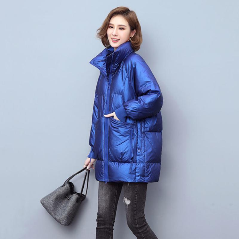 Women's Shiny Mid-length Down Jacket Winter Korean Style Loose Coat Warm Stand-collar Down Jacket