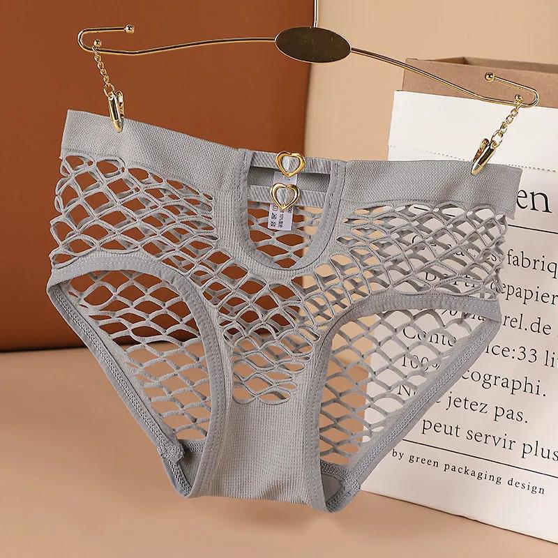 2Pcs/Set Large Size Lace Panties Ladies Mesh High Stretch Breathable Briefs Mid Waist Hollow Solid Color Underpants