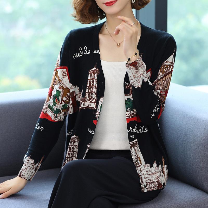 Autumn Winter Printed Cardigan Women's Plus Size Casual Sweater Coat High-end Wool Sweater