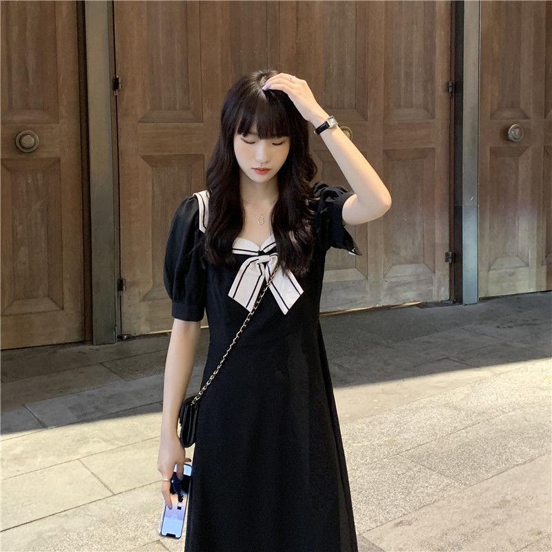 Female Simple Thin Bow Tie Tie High Waist Platycodon Grandiflorum Elegant Bubble Sleeve Dress