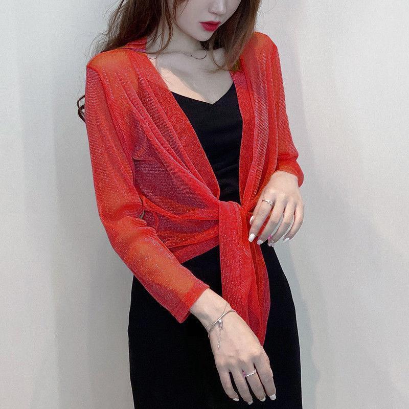 1 PC Long-sleeved Nylon Lace Cardigan Thin Shawl Female Sun Protection Shirt Summer Short Coat Top