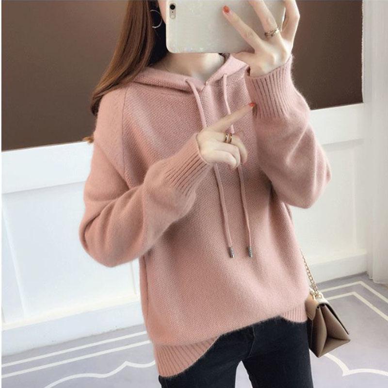 Spring and Autumn Hooded Jacket Loose Short Knitted Sweater Solid Color Long Sleeve Women's Top