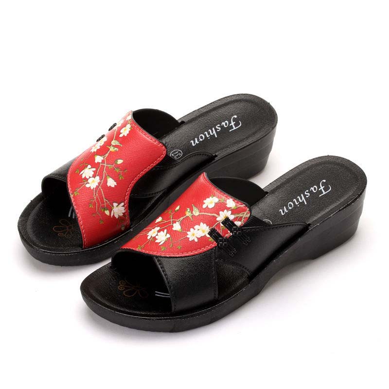 Middle-aged Elderly Mother Sandals and Slippers Thick-soled Slope-heeled Ladies Mid-heel Non-slip Comfortable Outer Wear Soft-soled Increased Sandals