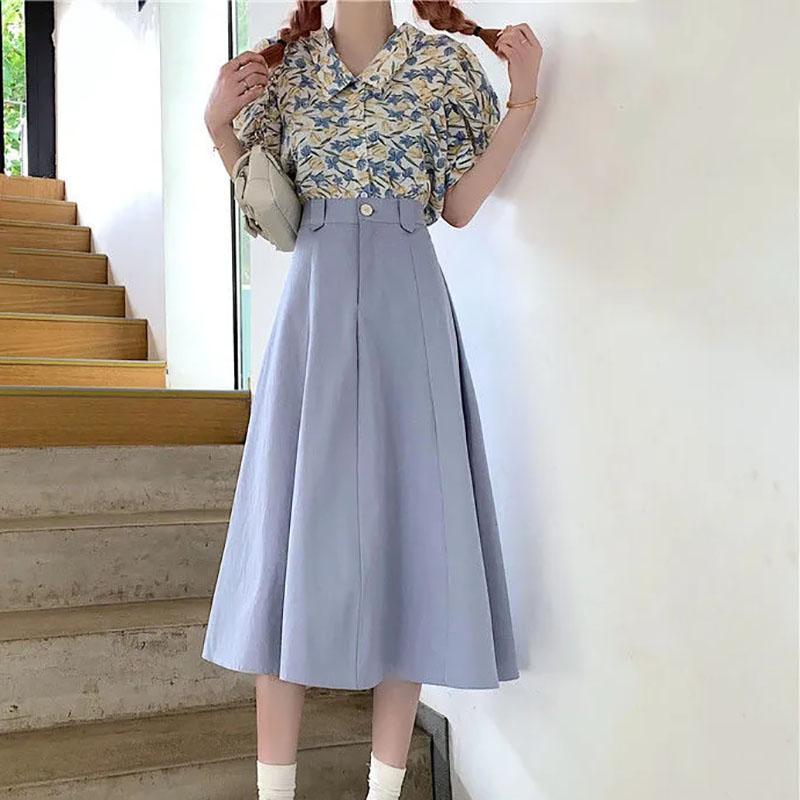 Women's Long Skirts Elastic High Waist Casual Skirt Girl's Spring Summer Solid Color A-line Skirts All-match Pleated Skirt