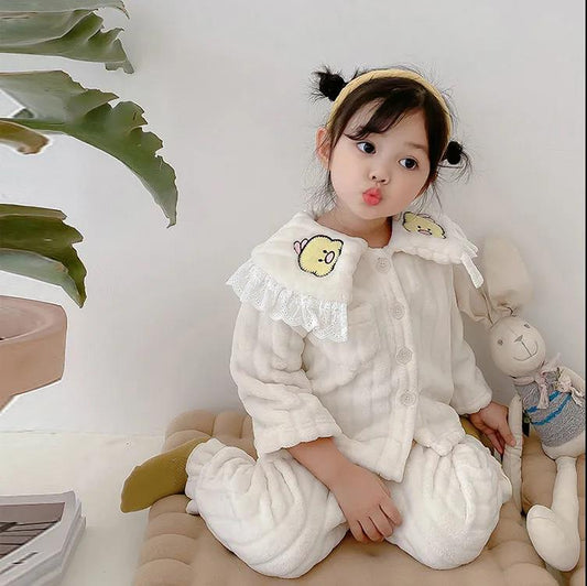 Girls Coral Velvet Pajamas Set Autumn and Winter Baby Plush Thickened Flannel Children's Winter Warm Home Clothes