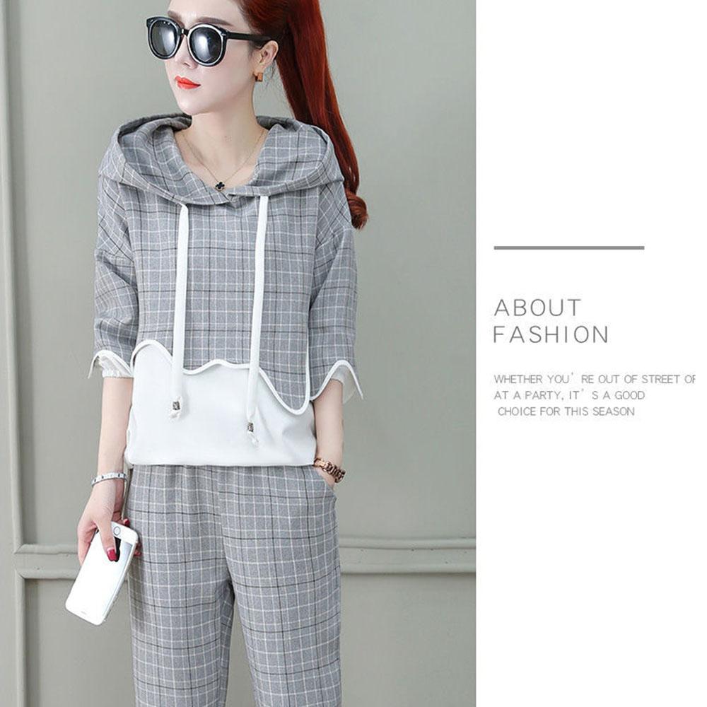 2pcs/set Women Sweatshirt Set Drawstring Plaid Sweatshirt Hoodies+Pants 2 Piece Set Women's Sports Suit Female Sportwear Hoodies Suit