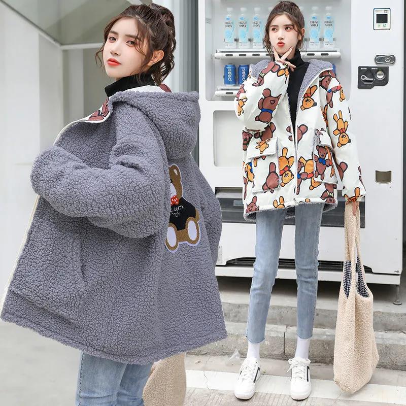 Double-sided Printed Women's Cotton-padded Jacket Spring Autumn Student Jacket Korean Hooded Bear Lamb Wool Cotton Jacket