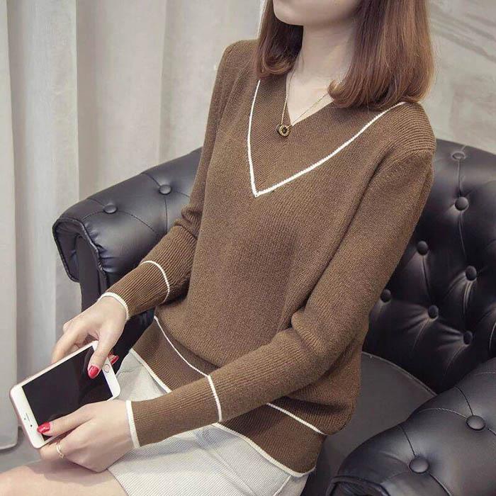 Pofulove Women Slim V-neck Pullover Sweater Wild Thicken Loose Soft Knitted Bottoming Shirt Coat