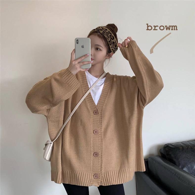 Pofulove Korean Loose V-neck Long-sleeved Sweater Women Retro Knitted Cardigan Jacket Autumn Winter