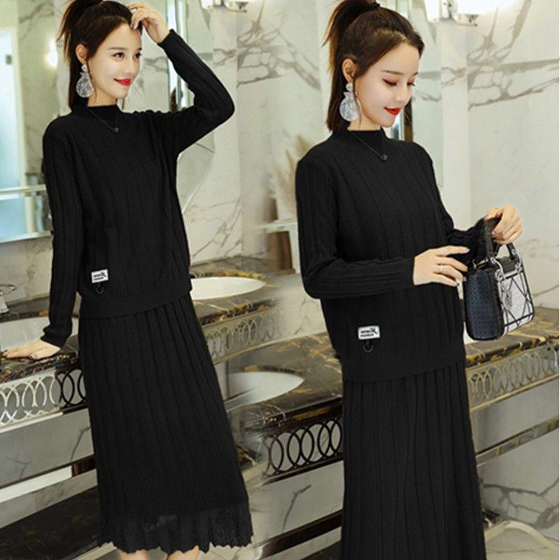 Women Sexy Autumn Knitted Tops and Dress 2 Piece Set Lace DRESS and Sweater Two Piece Set