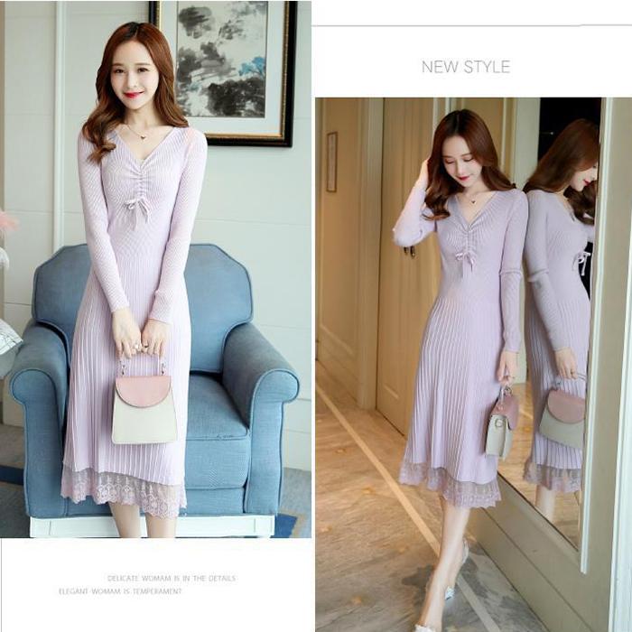 Fashion Padded V-neck Ladies Dress Mid-length Over-the-knee Bag Hip Skirt Bottoming Knit Sweater Skirt