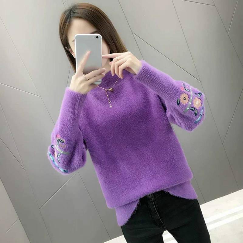 Large Size Sweater Water Velvet Round Neck Sweater Cashmere Warm Sweater Winter Ladies Long Sleeves