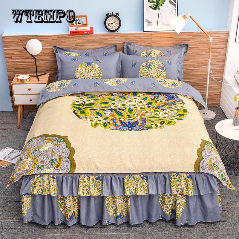 Printing Comforter Family Set Bed Skirt Sheet Microfiber Bedclothes Bedspread