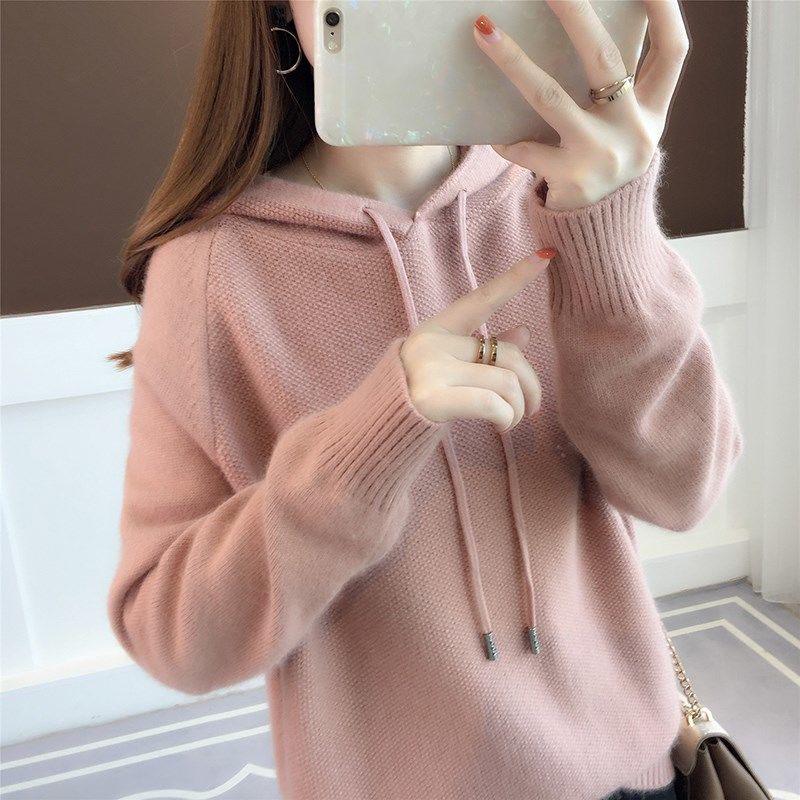 Spring and Autumn Hooded Jacket Loose Short Knitted Sweater Solid Color Long Sleeve Women's Top