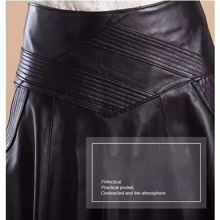 Women Spring Autumn PU Leather Skirts Lady High Waist A-line Skirt Midi Length Black Skirt Women