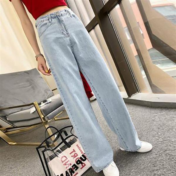 WTEMPO High Waist Women Jeans Loose Casual Great Elasticity Washed Denim Straight-leg Pants Super Long