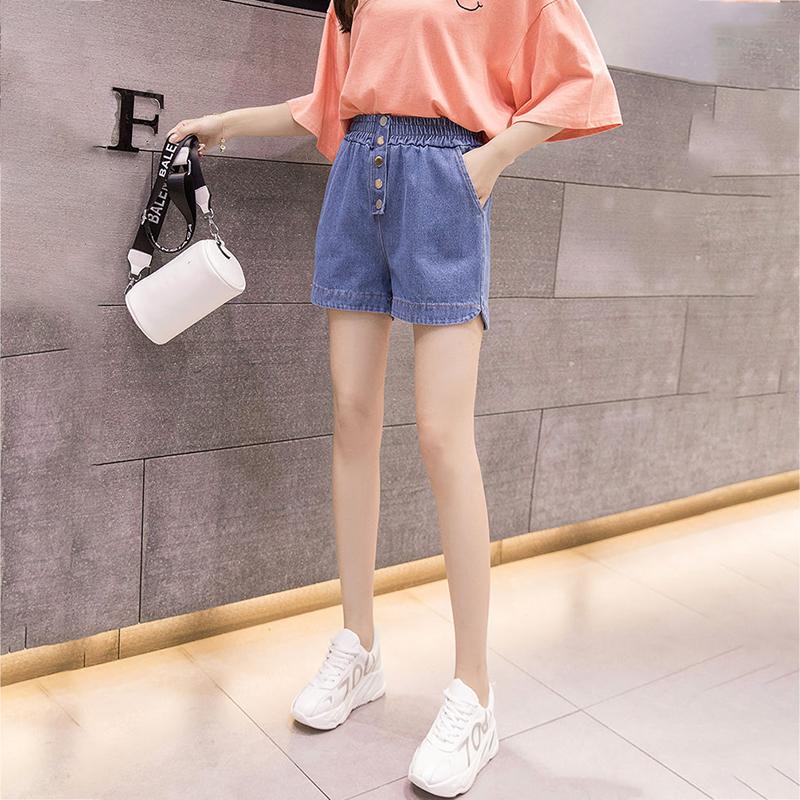 WTEMPO Spring and Summer Girl Women Denim Shorts Big Pocket Elastic Waist Loose  A-line Thin Casual Jeans Wide Leg