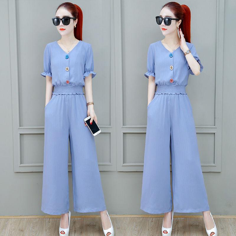 Wide-leg Pants Suit Chiffon Summer Casual Work Wear Loose Suit Women Short Top Loose Wide-leg Pants Fabric Light and Breathable