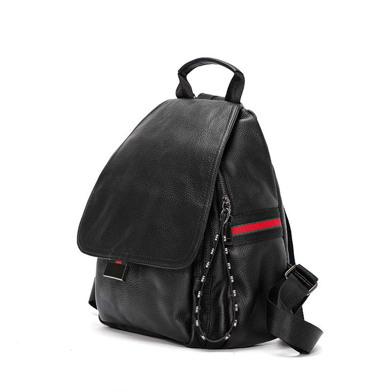 Leather Backpack Women Black Stripe Buckle Waterproof Student Computer Outdoor Sports Travel Bags