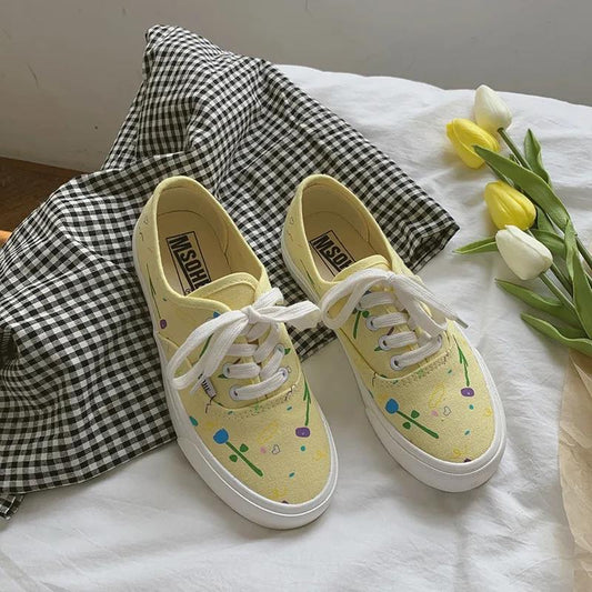 Graffiti Canvas Shoes Female Students All-match Board Shoes Korean Retro Hong Kong-flavored Shoes White Shoes