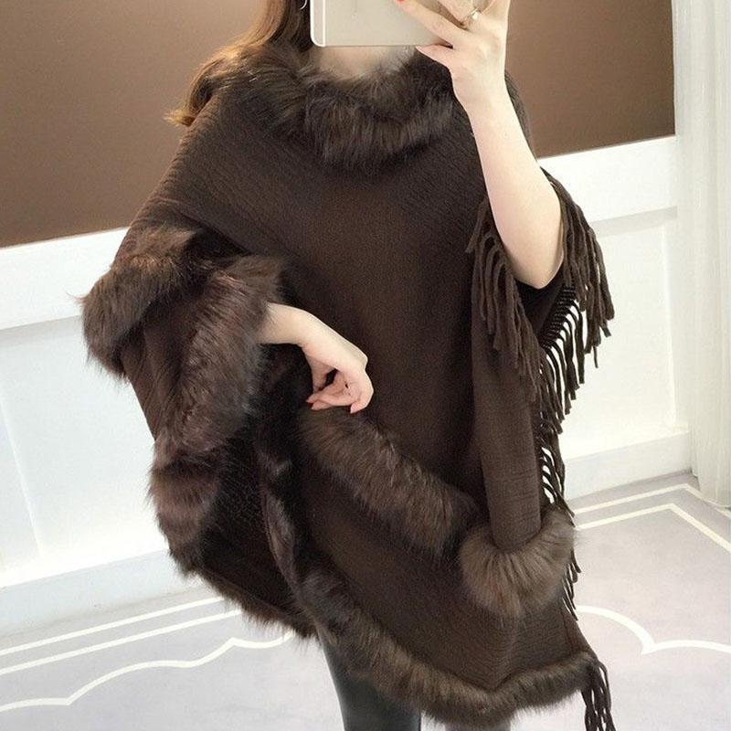 Autumn and Winter Imitation Fox Fur Cloak Shawl Bat Shirt Female Fur Collar Coat Plus Size Tassel Mid-length Sweater Coat