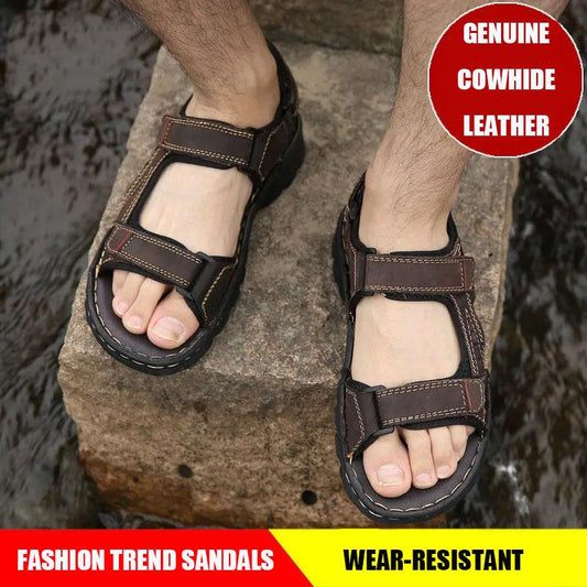 [Top Layer Cowhide] Men's Summer Genuine Leather Sandals Men's Breathable Thick Bottom Non-slip Velcro Casual Beach Sandals Wear Resistant